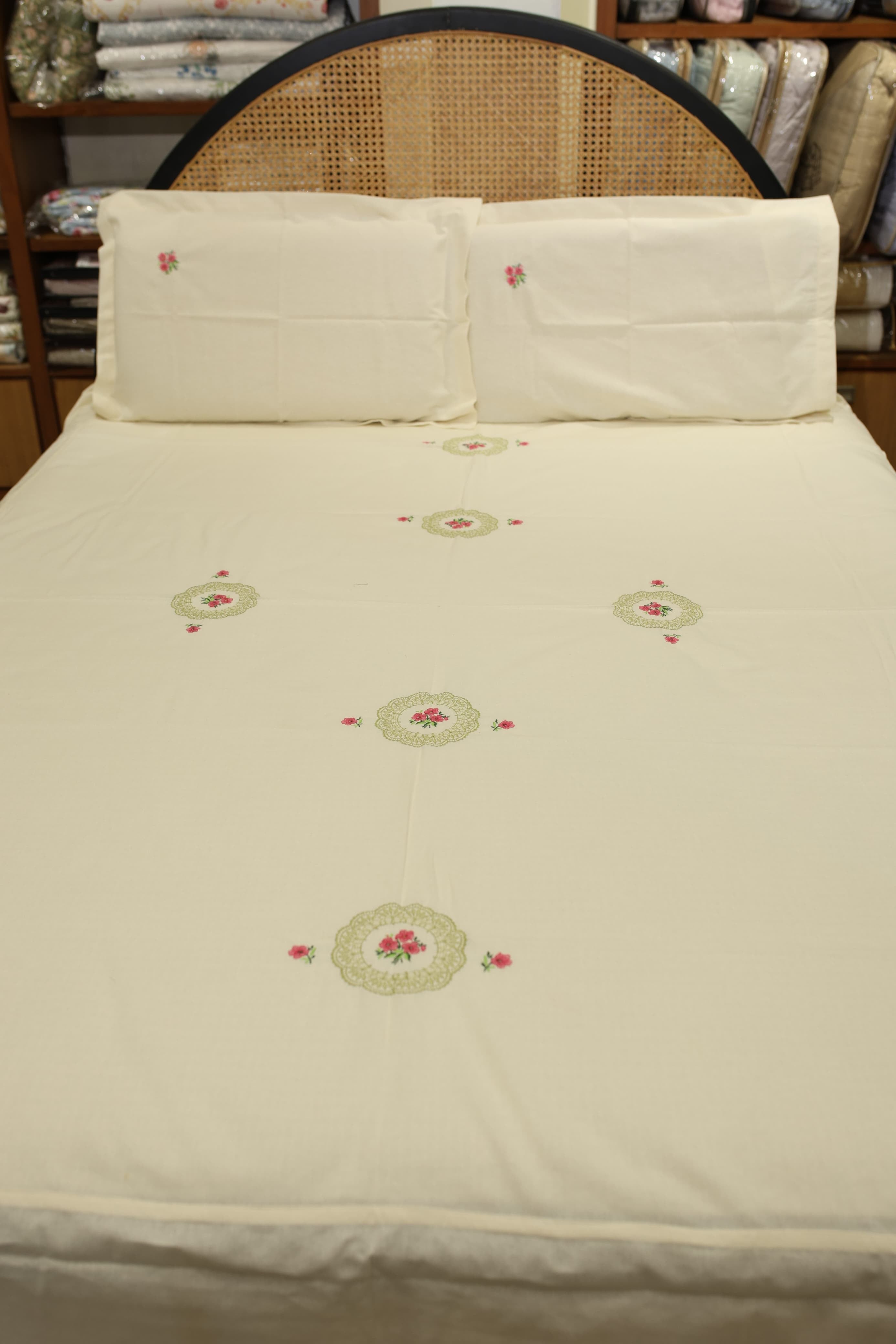 Bedsheets - Queen Premium machine embroidery bedspread off white base