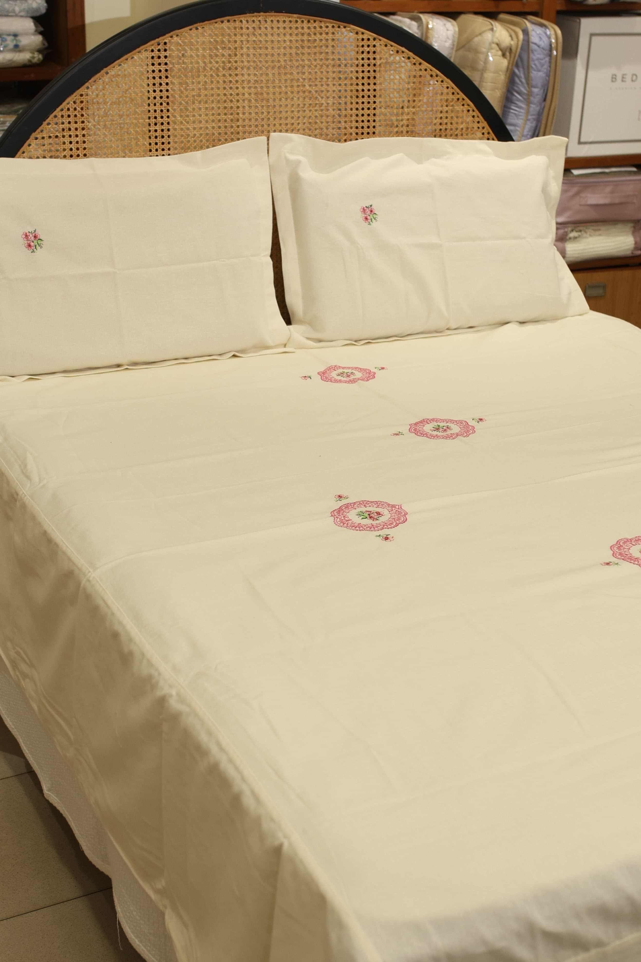 Bedsheets - Queen Premium machine embroidery bedspread off white base
