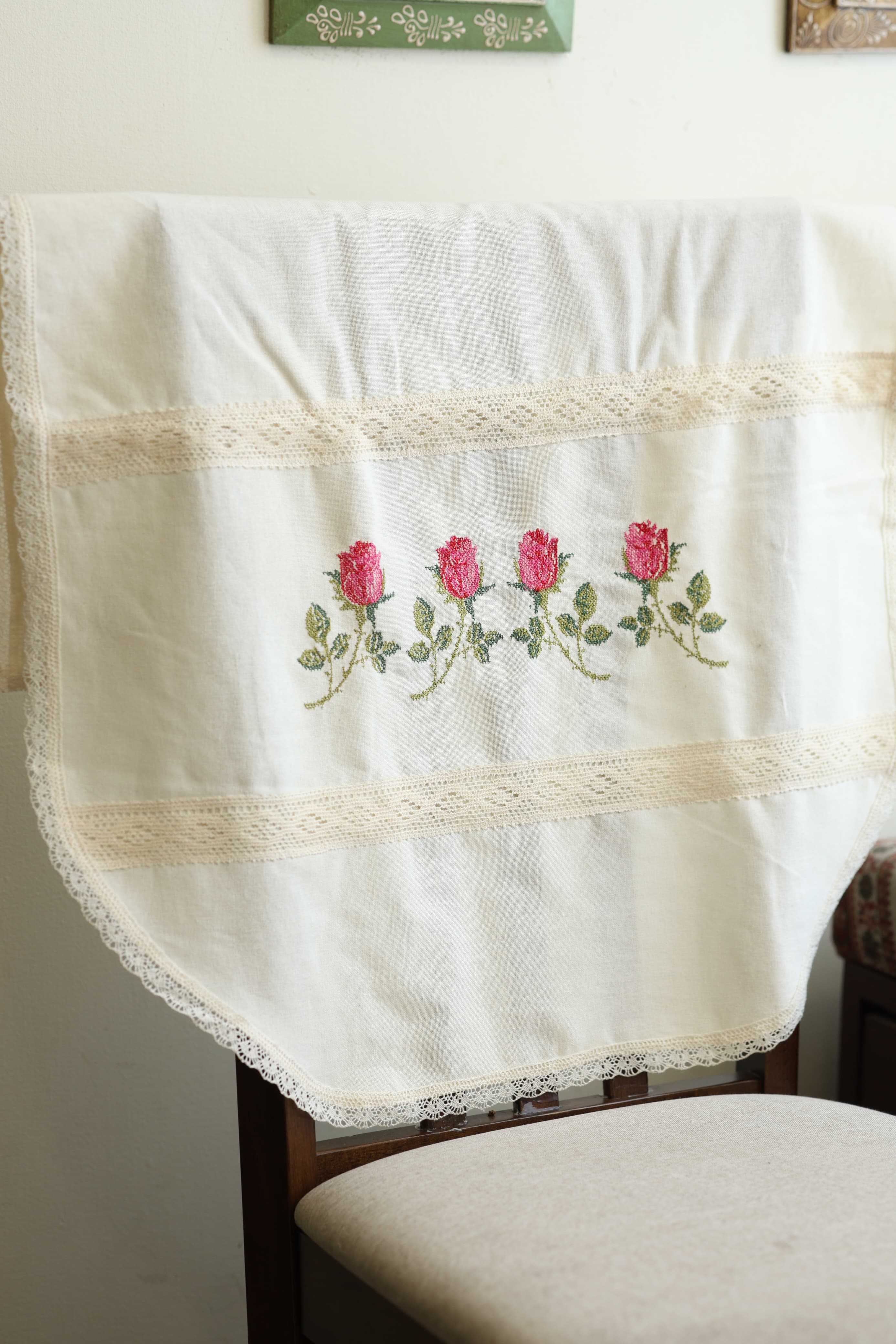 Chair / sofa back - cross stitch embroidery single pieces off white colour
