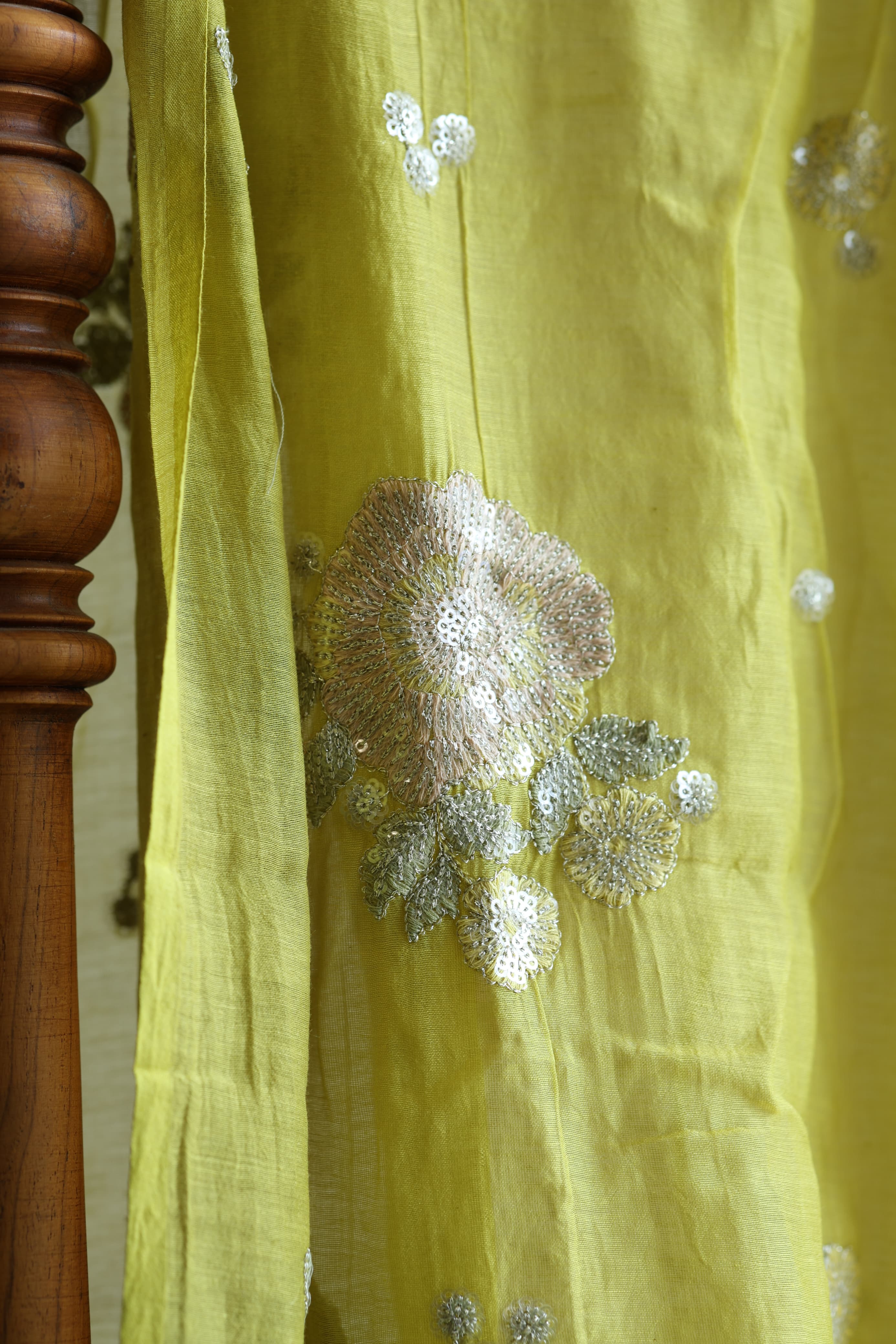 Fabrics - Mul Chanderi embroidery fabric lime yellow