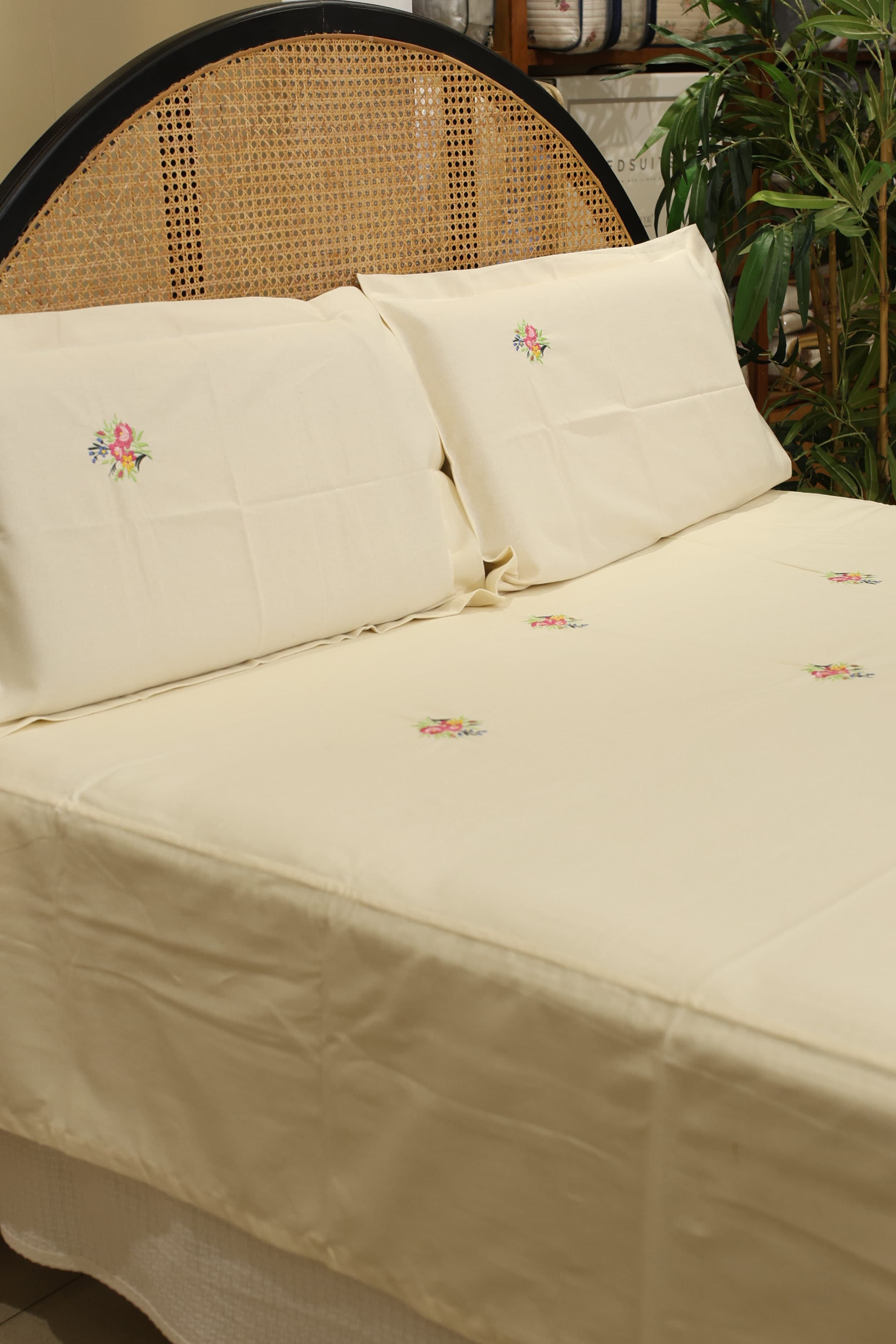 Bedsheets - Queen Premium machine embroidery bedspread off white base