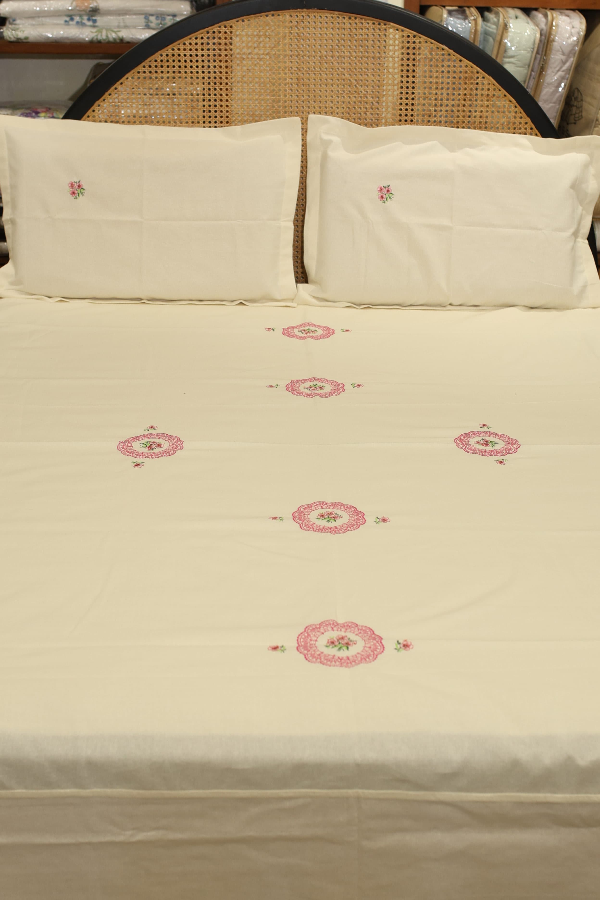Bedsheets - Queen Premium machine embroidery bedspread off white base