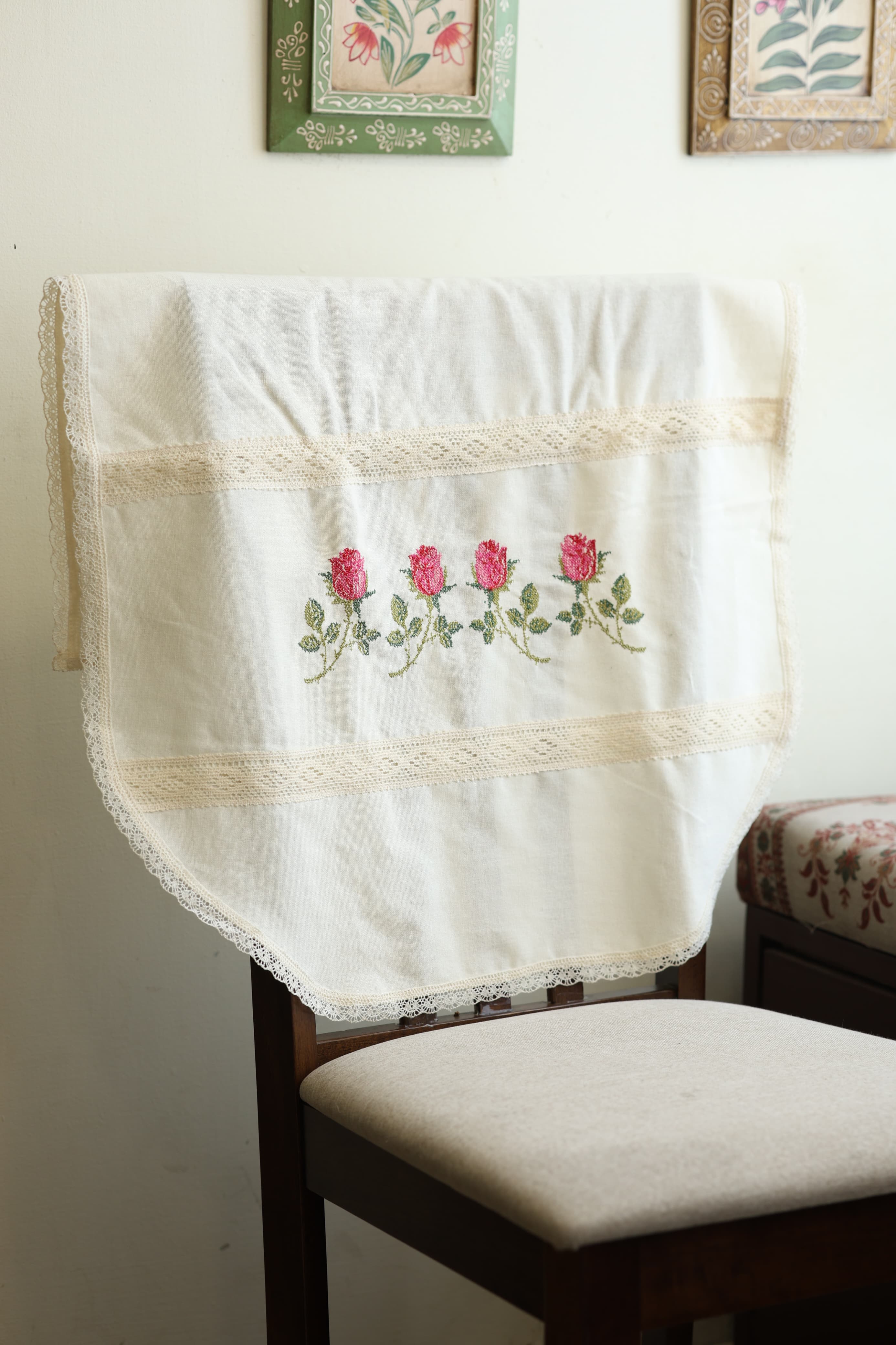 Chair / sofa back - cross stitch embroidery single pieces off white colour