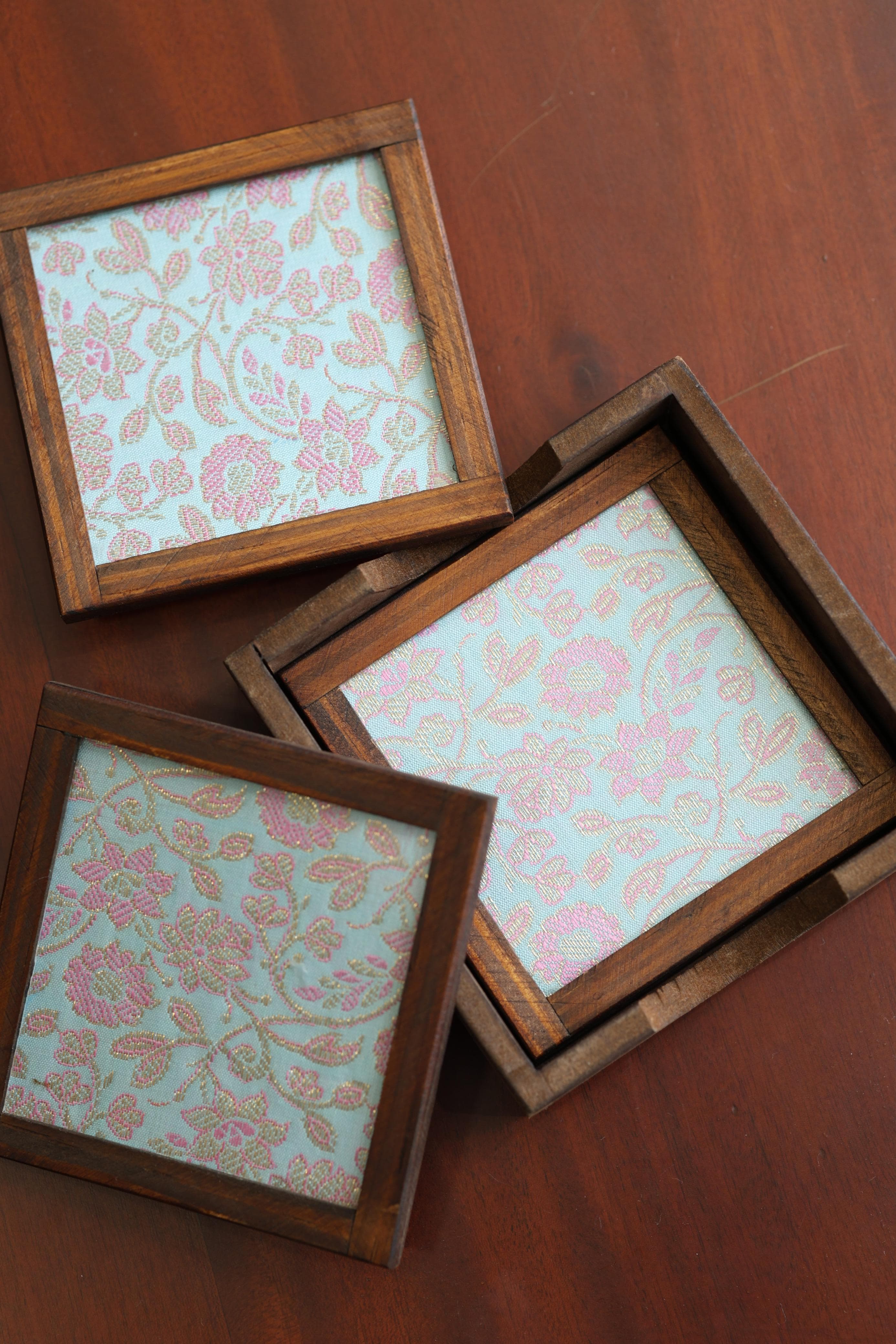 Silk Blend Brocade tea Coasters (Set of 4) - with Coaster Holder