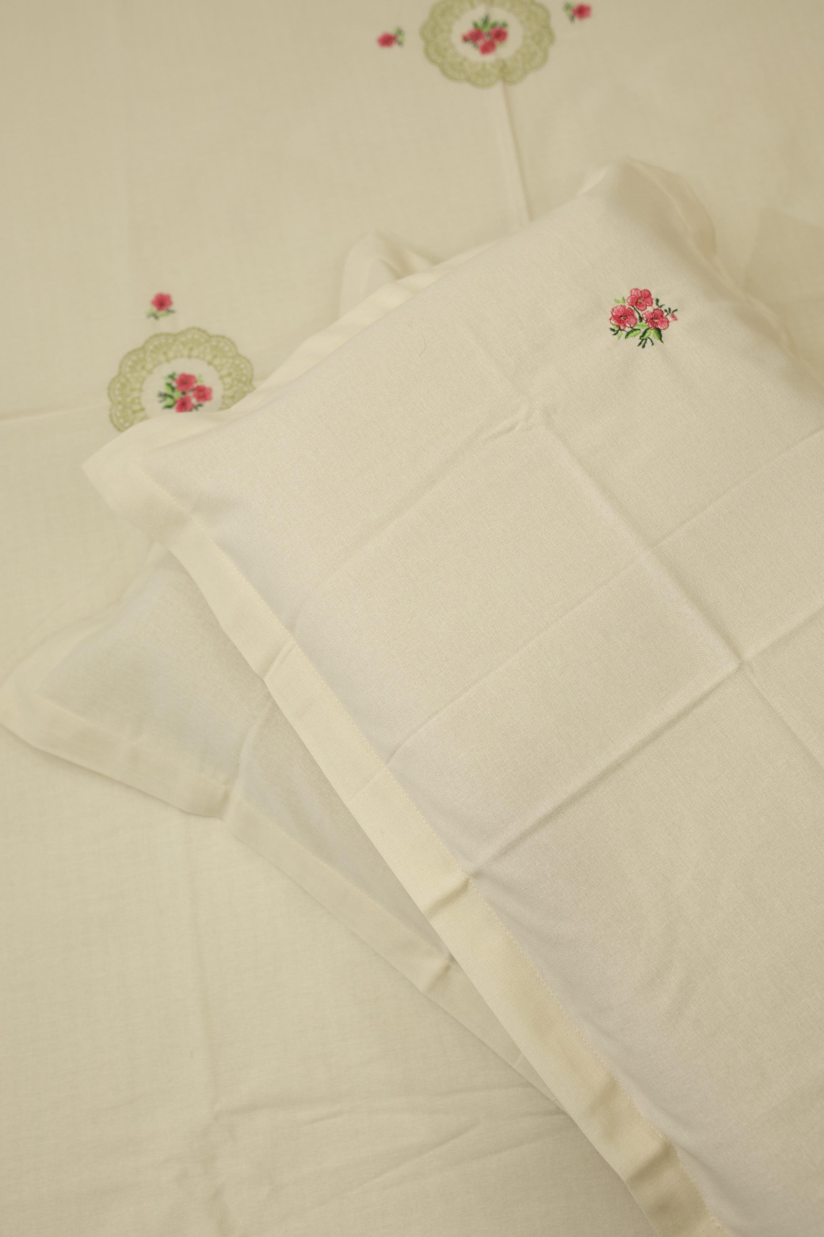 Bedsheets - Queen Premium machine embroidery bedspread off white base