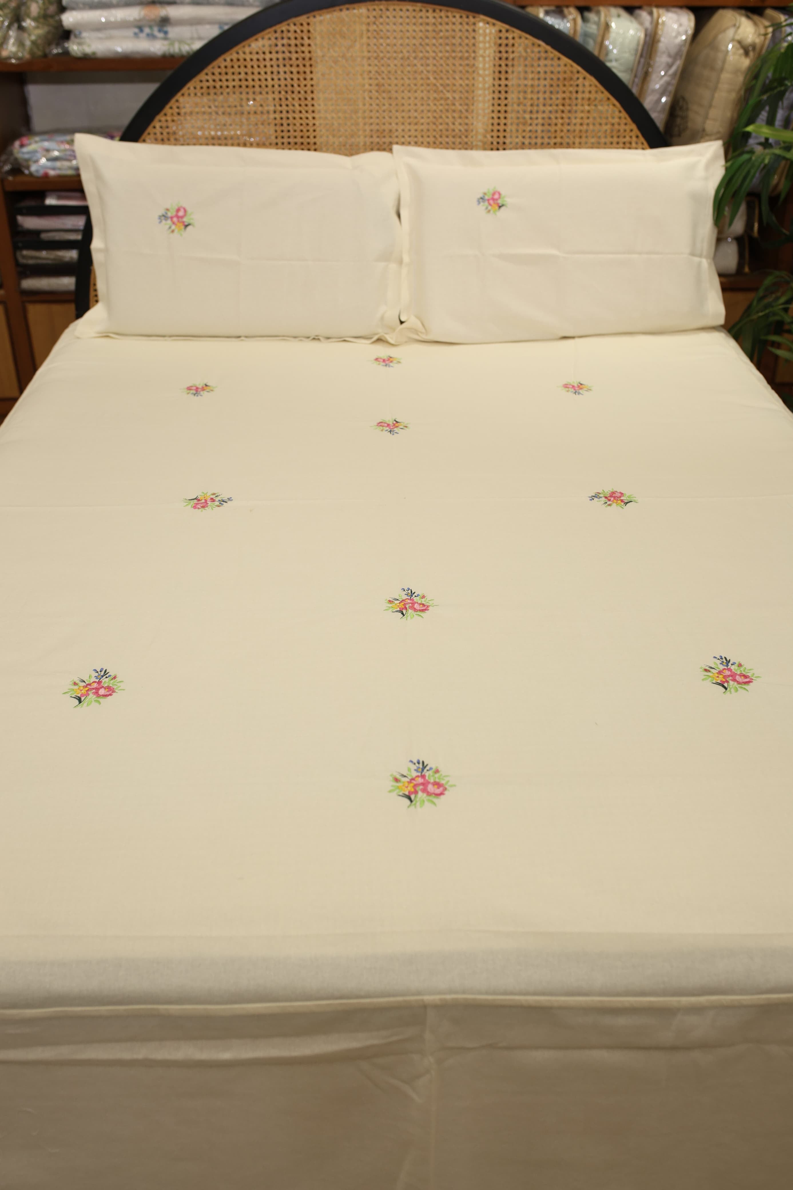 Bedsheets - Queen Premium machine embroidery bedspread off white base