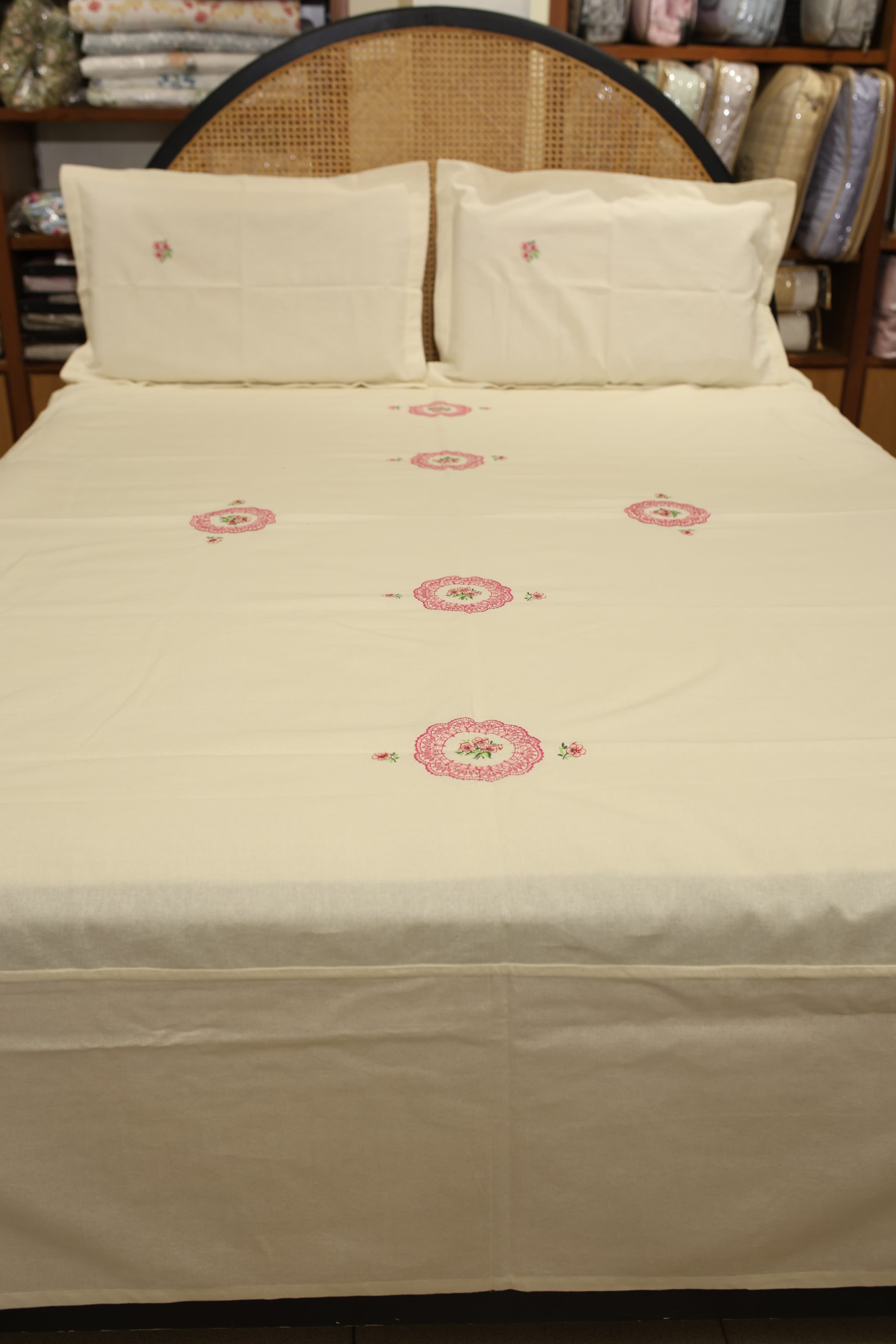 Bedsheets - Queen Premium machine embroidery bedspread off white base