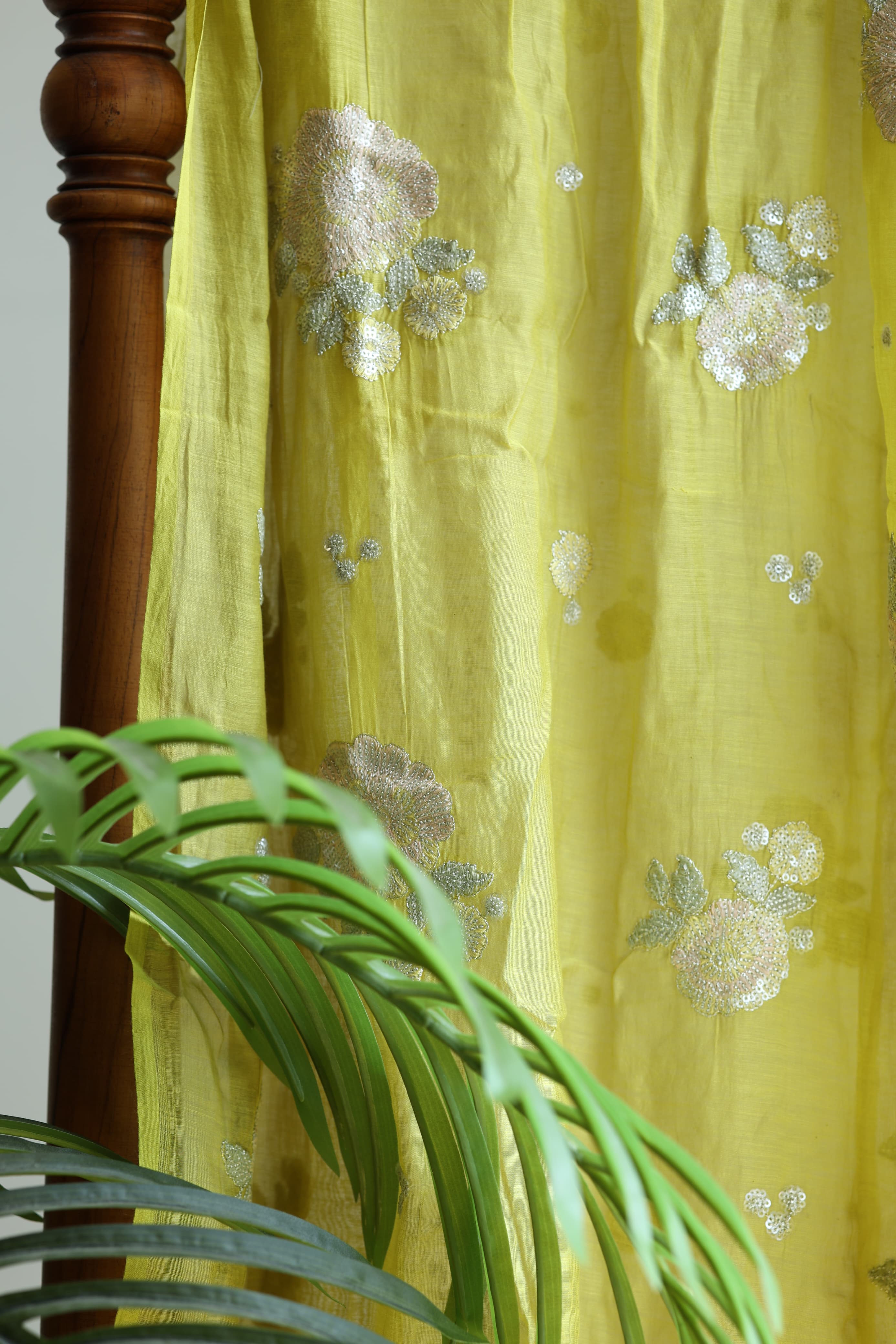Fabrics - Mul Chanderi embroidery fabric lime yellow