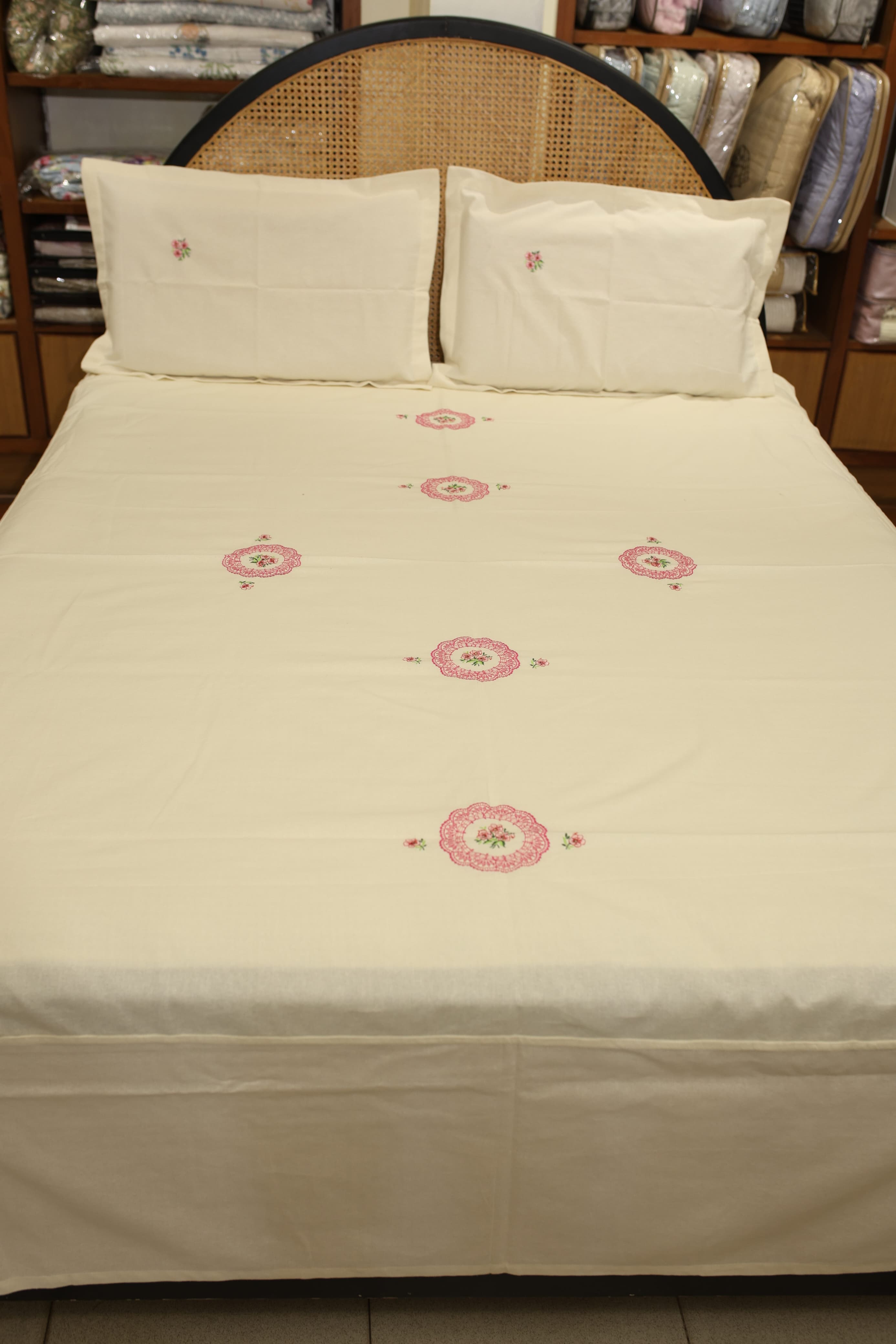 Bedsheets - Queen Premium machine embroidery bedspread off white base