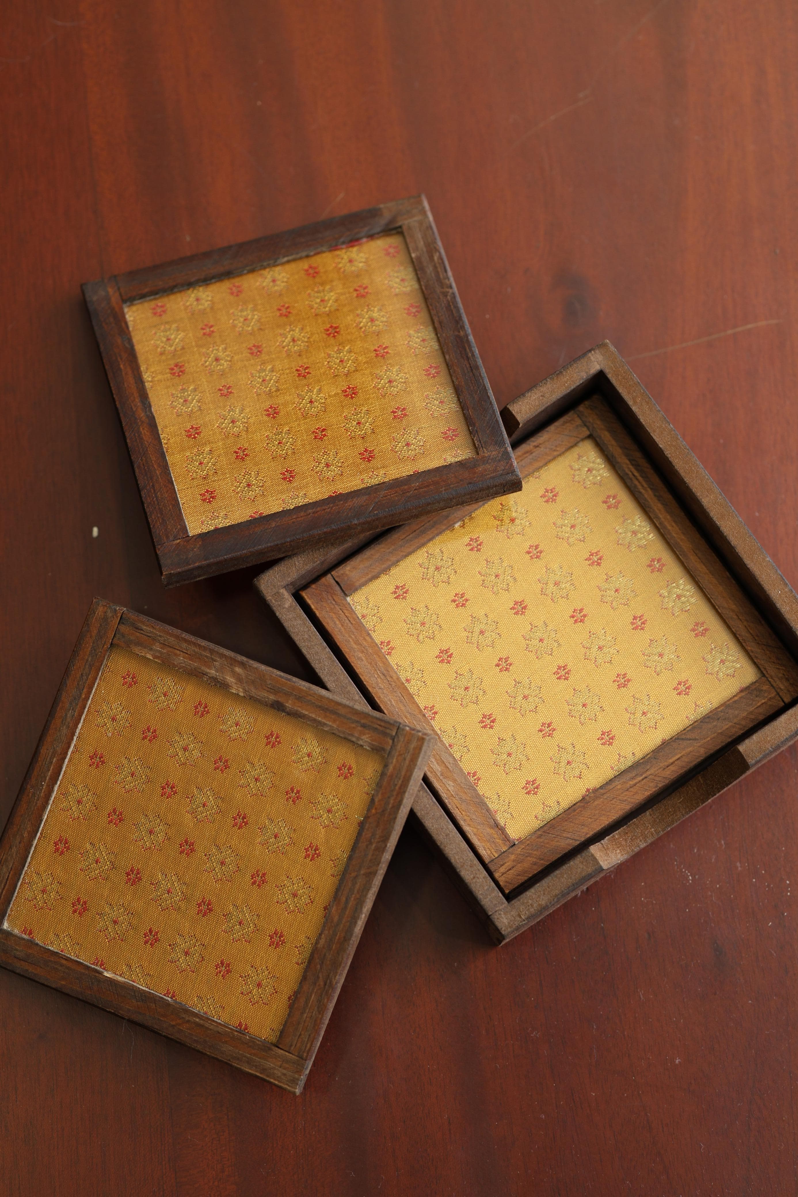 Silk Blend Brocade tea Coasters (Set of 4) - with Coaster Holder