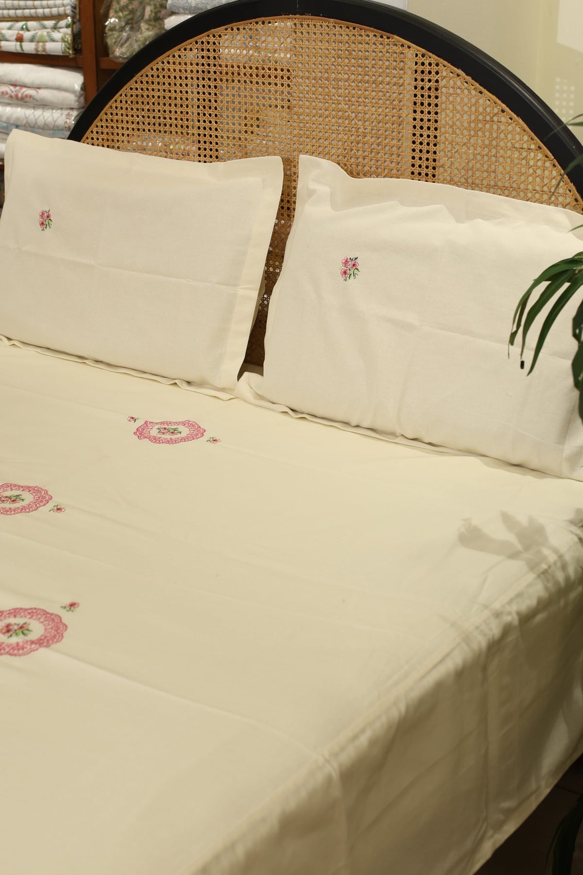 Bedsheets - Queen Premium machine embroidery bedspread off white base