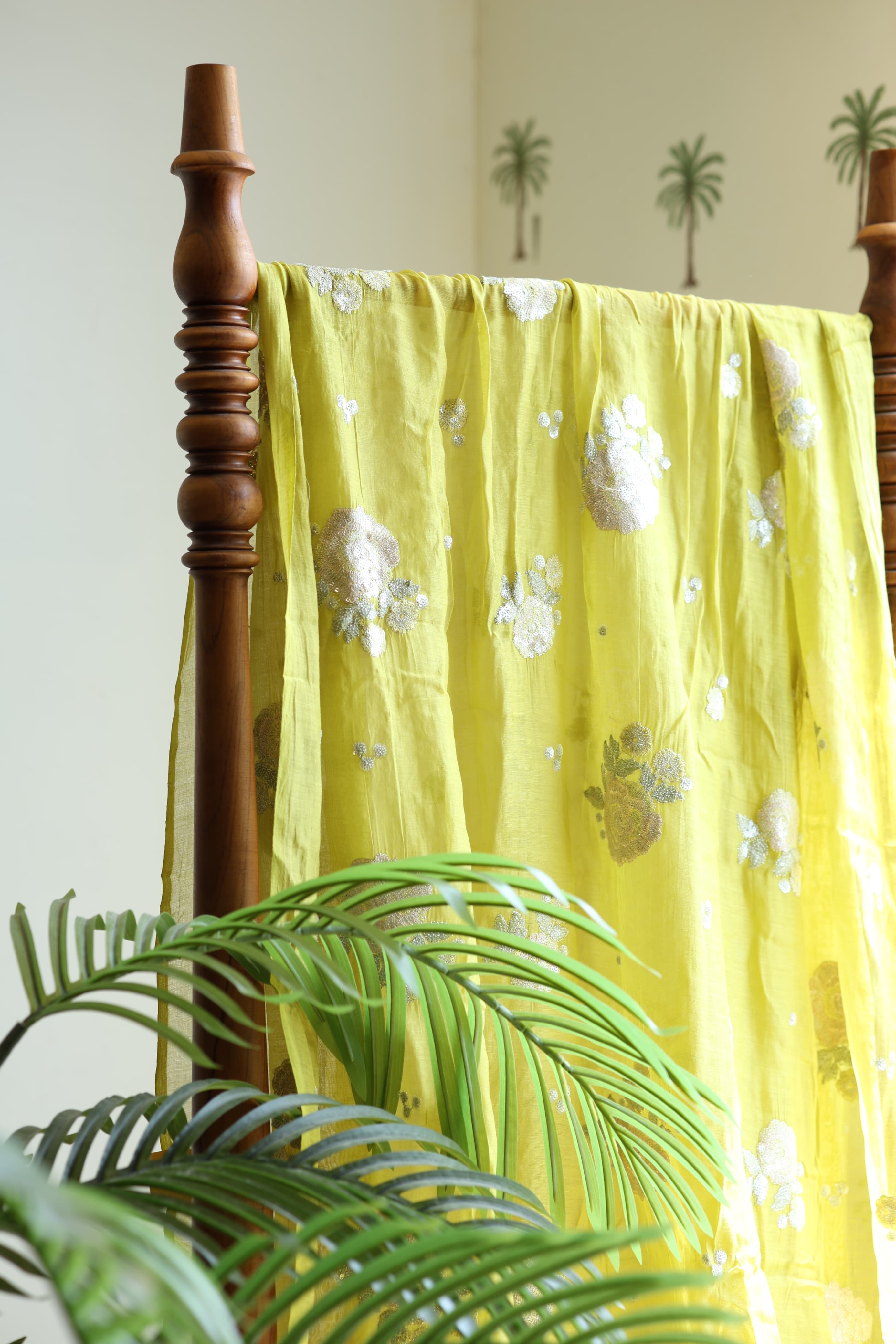 Fabrics - Mul Chanderi embroidery fabric lime yellow