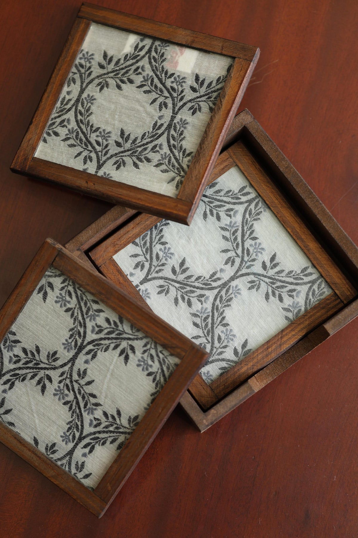 Silk Blend Brocade tea Coasters (Set of 4) - with Coaster Holder