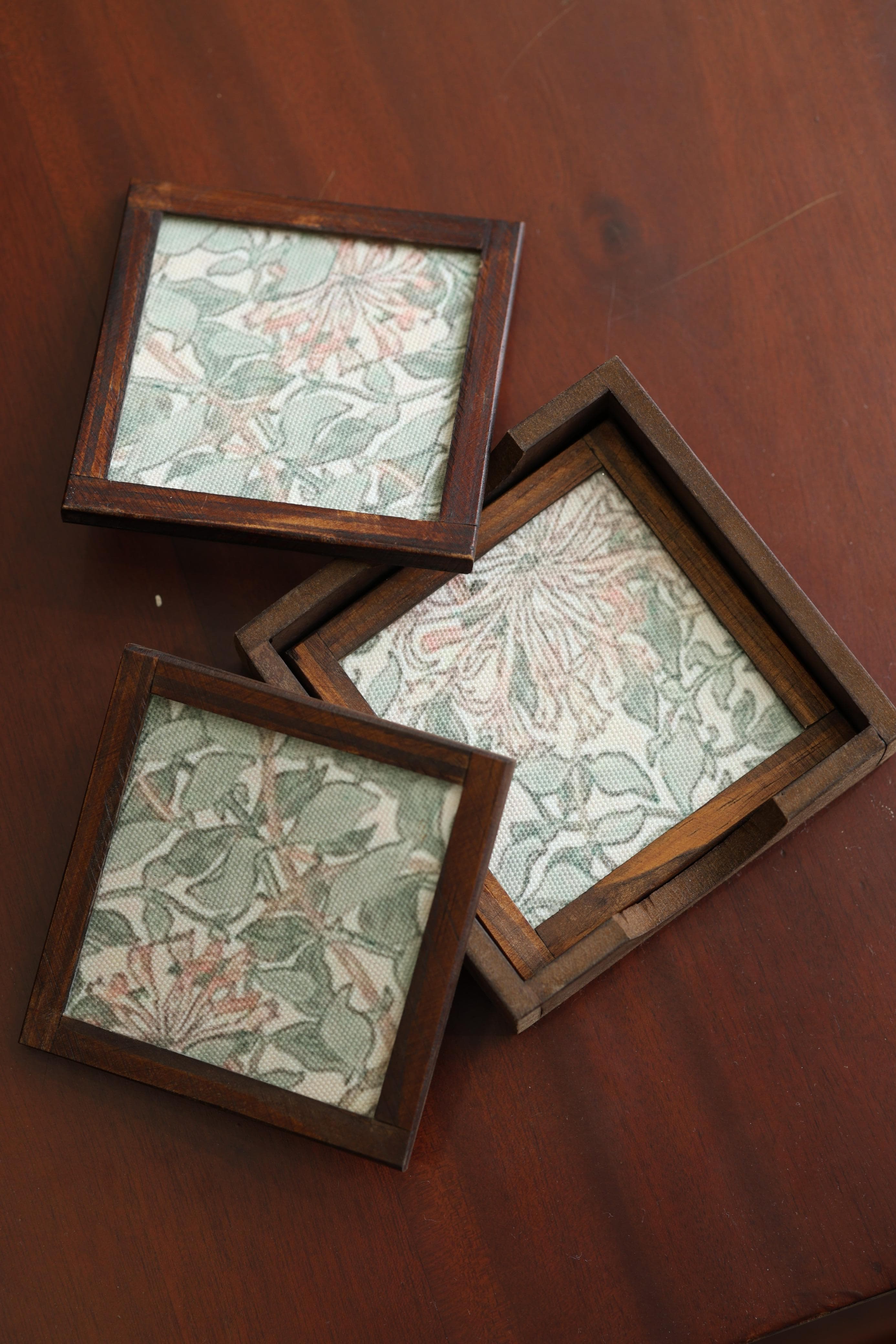 Silk Blend Brocade tea Coasters (Set of 4) - with Coaster Holder