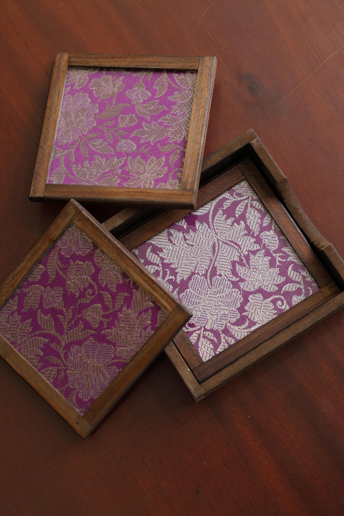 Silk Blend Brocade tea Coasters (Set of 4) - with Coaster Holder