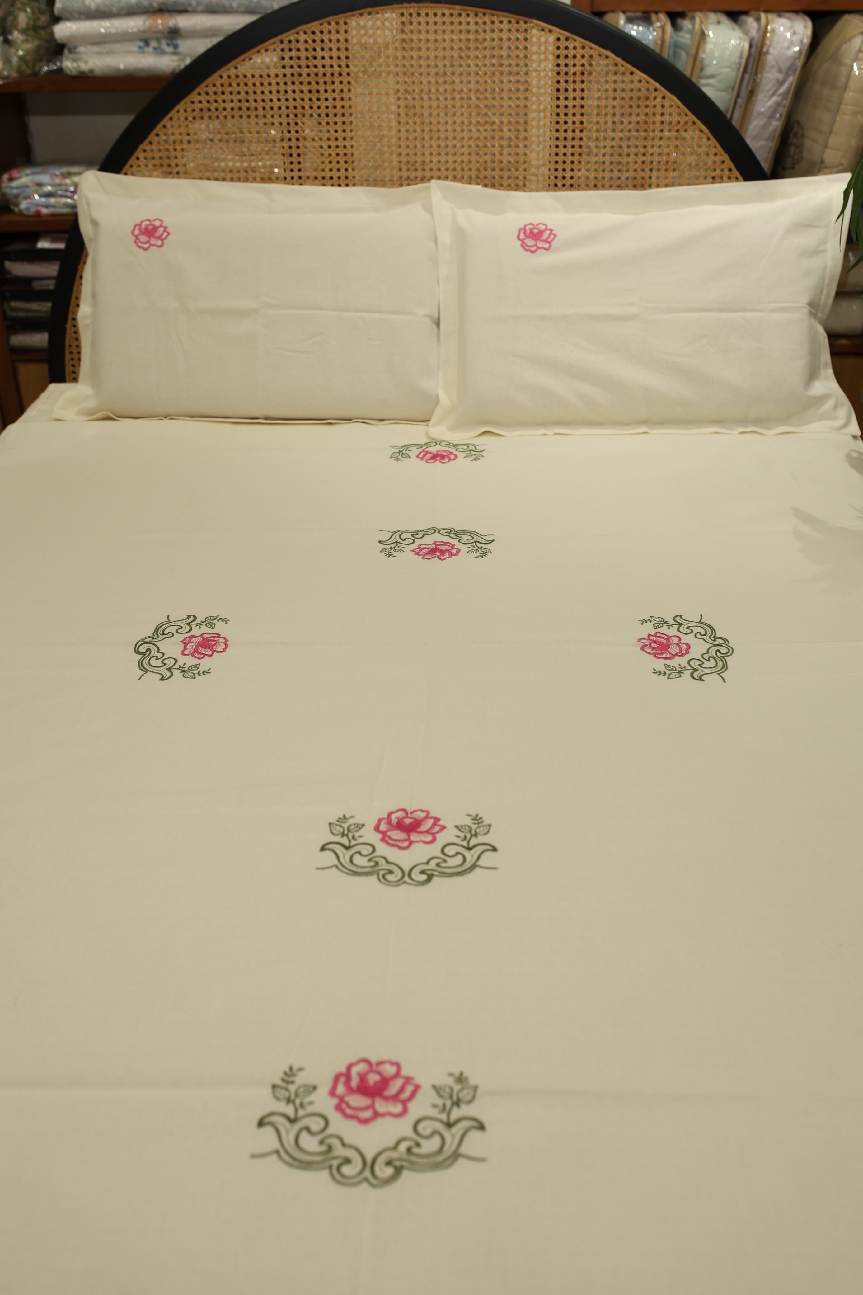 Bedsheets - Queen Premium machine embroidery bedspread off white base