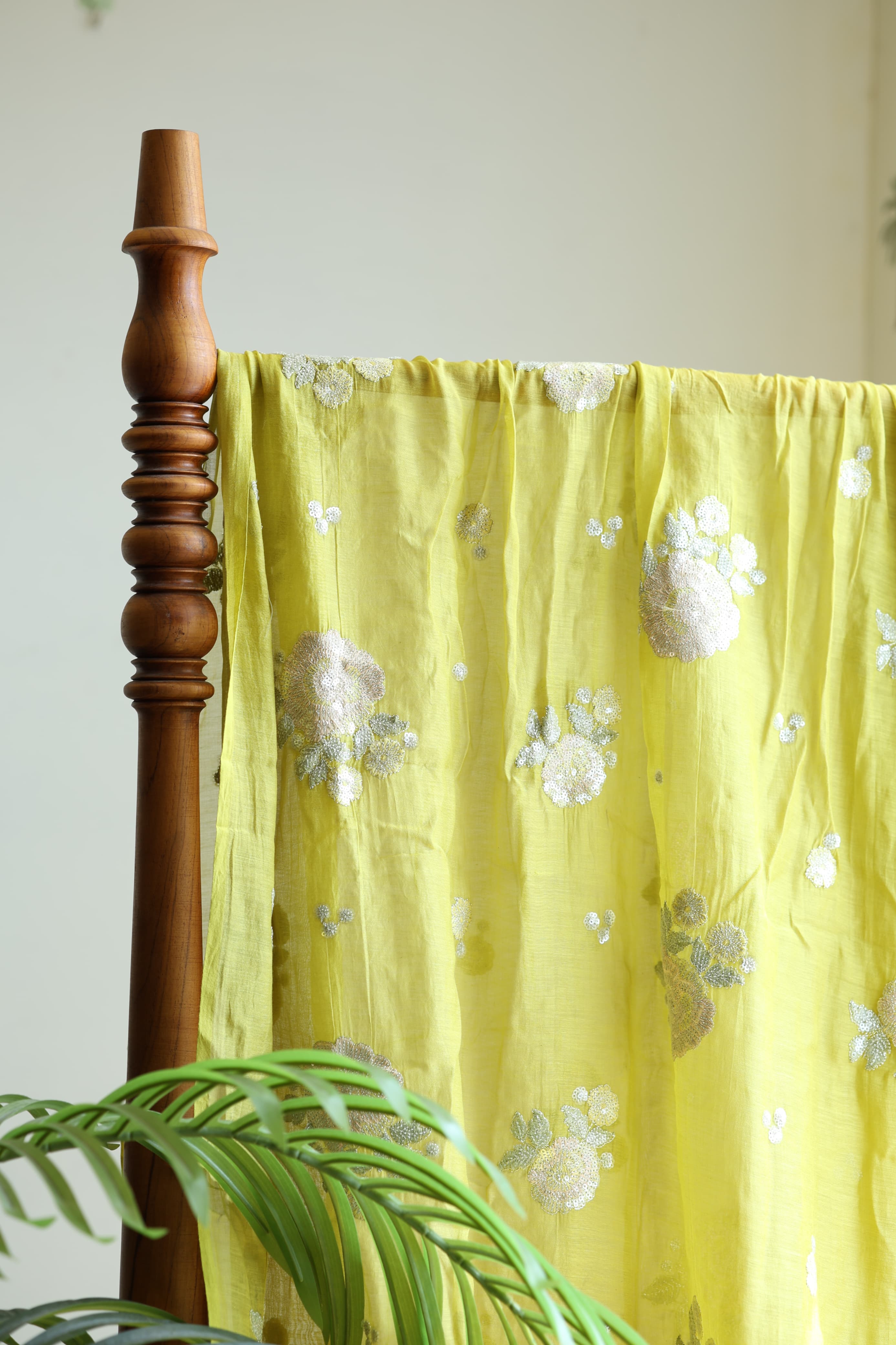 Fabrics - Mul Chanderi embroidery fabric lime yellow