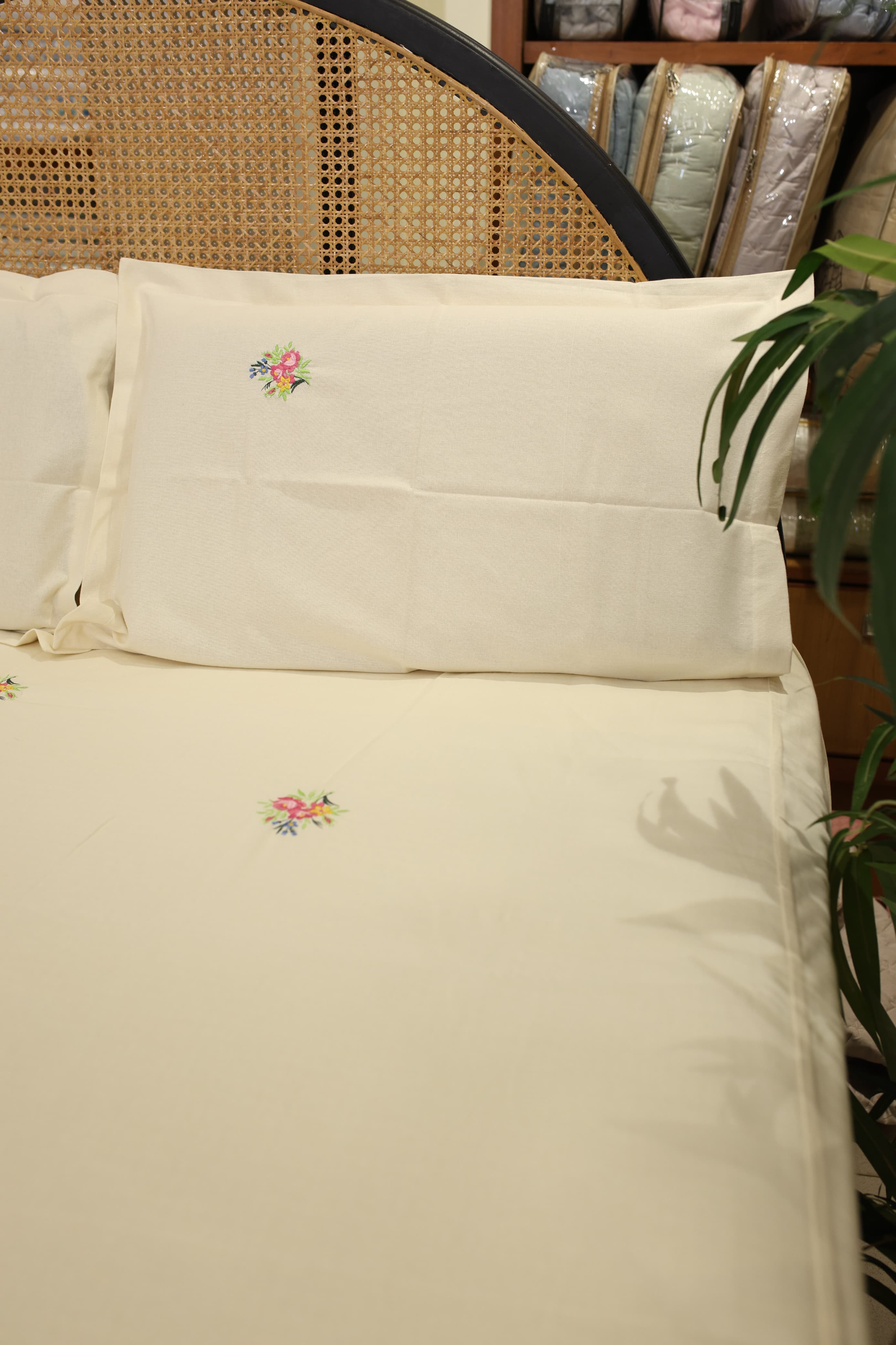Bedsheets - Queen Premium machine embroidery bedspread off white base